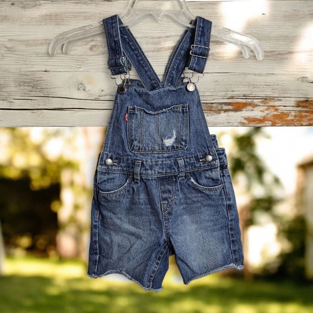 LEVI Jeans Overall Cutoff shorts Bibs Toddler Girls 3-4 T Blue Cowboy Cowgirl